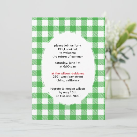 Green Gingham - bbq partij uitnodigingen - CUSTOM (Staand voorkant)