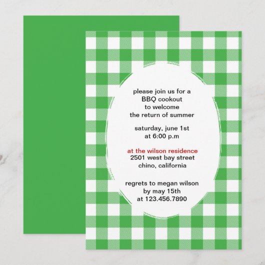 Green Gingham - bbq partij uitnodigingen - CUSTOM (Voorkant / Achterkant)