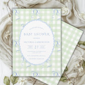 Green Gingham Blue Bows  Baby shower Kaart