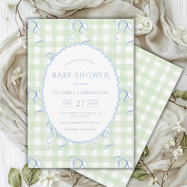 Green Gingham Blue Bows  Baby shower Kaart