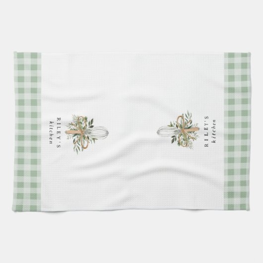 Green Gingham Botanical Whisky gepersonaliseerd Theedoek (Horizontaal)