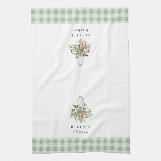 Green Gingham Botanical Whisky gepersonaliseerd Theedoek (Verticaal)