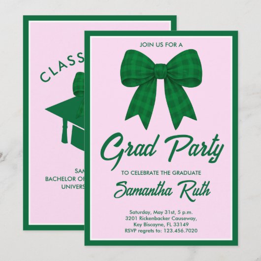 Green Gingham Bow Graduation Party Kaart (Voorkant / Achterkant)