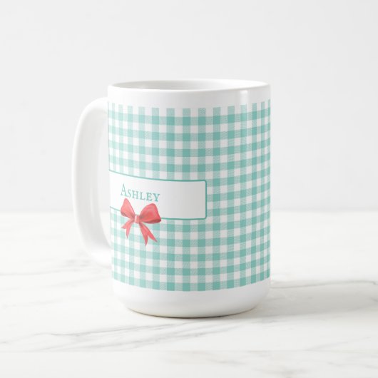 Green Gingham Bow Mok (Voorkant links)