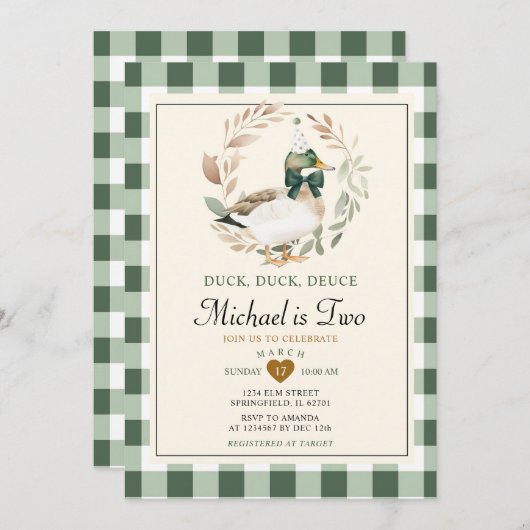 Green Gingham Boy Duck Duck Deuce 2e verjaardag Kaart (Voorkant / Achterkant)