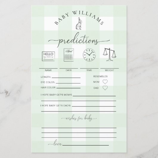 Green Gingham Bunny Baby Predictions Game (Voorkant)