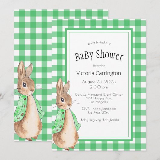 Green Gingham Bunny Rabbit Baby shower Kaart (Voorkant / Achterkant)