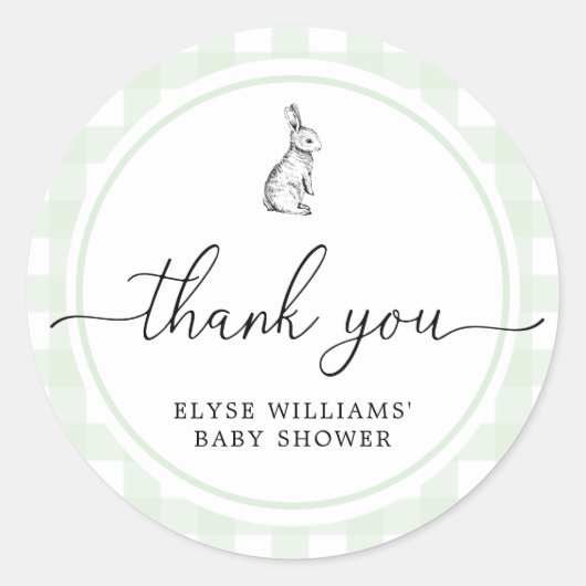 Green Gingham Bunny Rabbit Shower Favor Sticker (Voorkant)