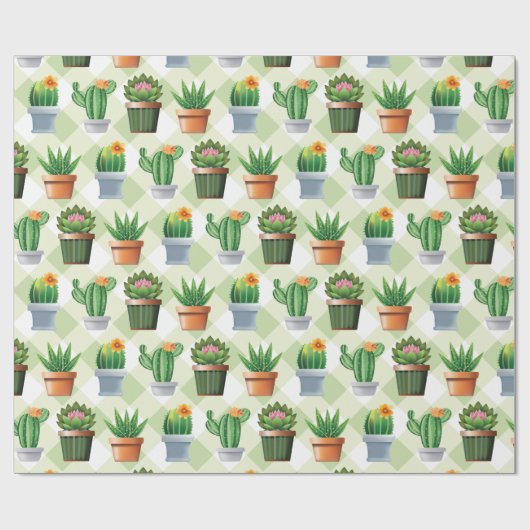 Green Gingham Cactus Pattern Cadeaupapier (Vlak)