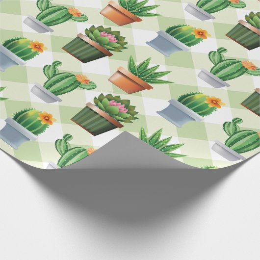 Green Gingham Cactus Pattern Cadeaupapier (Hoek)