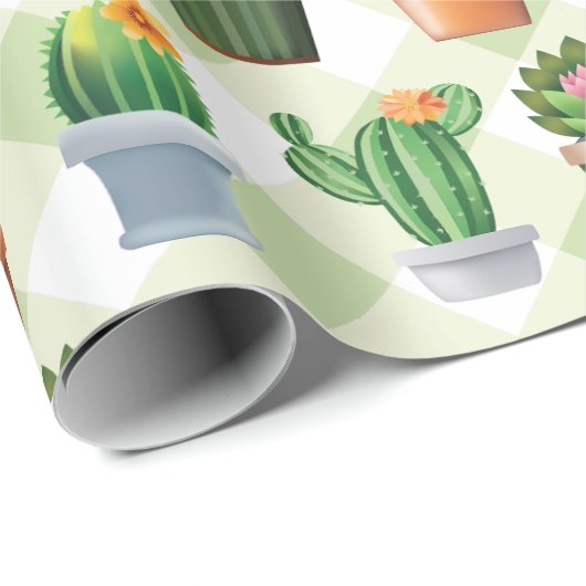 Green Gingham Cactus Pattern Cadeaupapier (Rol Hoek)