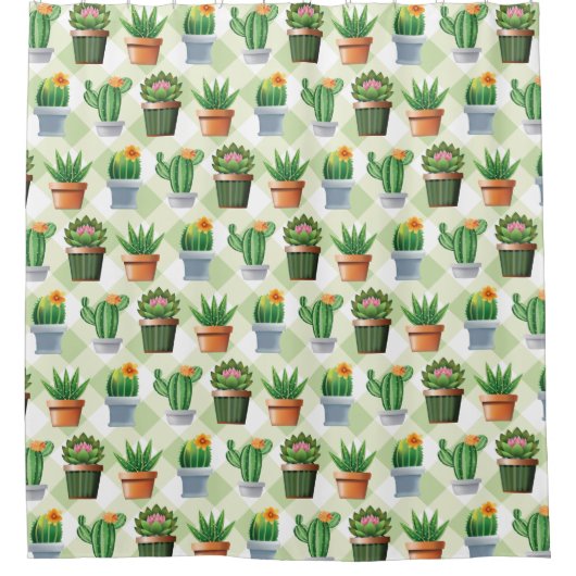 Green Gingham Cactus Pattern Douchegordijn (Voorkant)
