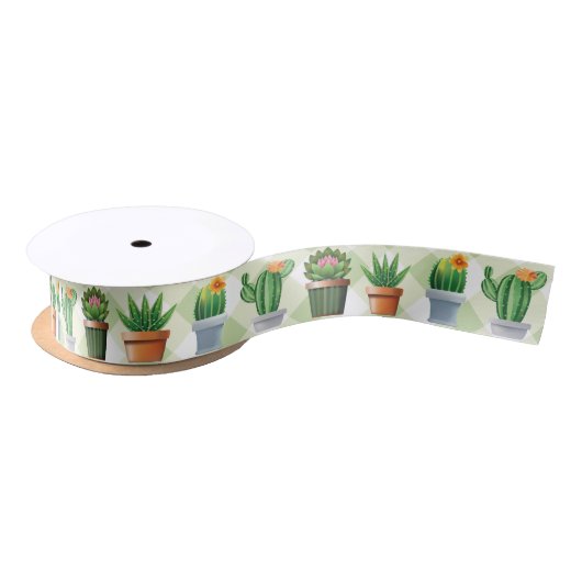 Green Gingham Cactus Pattern Satijnen Lint (Spoel)