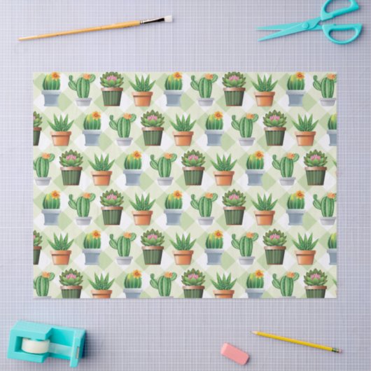 Green Gingham Cactus Pattern Tissuepapier (Craft)