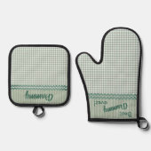 Green Gingham Check en Stripes gepersonaliseerd Ovenwant & Pannenlap Set (Voorkant)