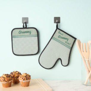 Green Gingham Check en Stripes gepersonaliseerd Ovenwant & Pannenlap Set