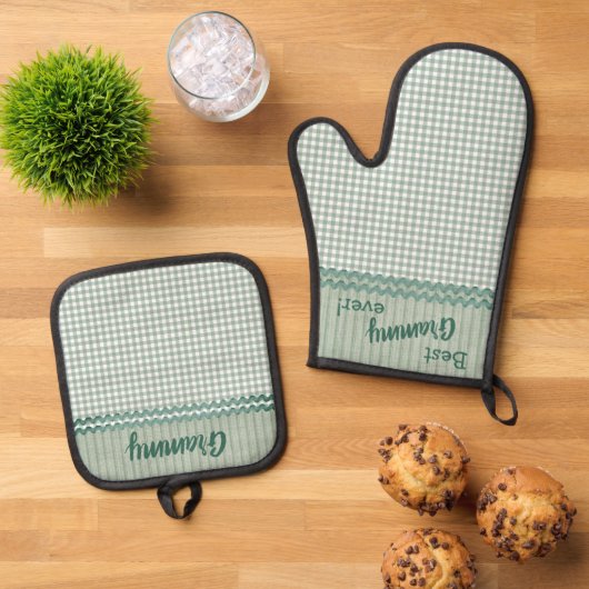Green Gingham Check en Stripes gepersonaliseerd Ovenwant & Pannenlap Set (Top down)