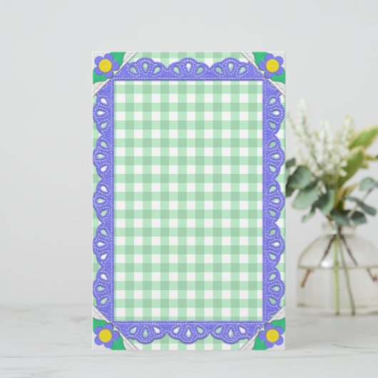 Green Gingham Check Periwinkle Felt Lijst Briefpapier (Staand voorkant)