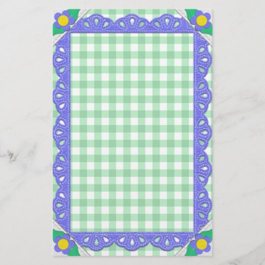 Green Gingham Check Periwinkle Felt Lijst Briefpapier (Voorkant)