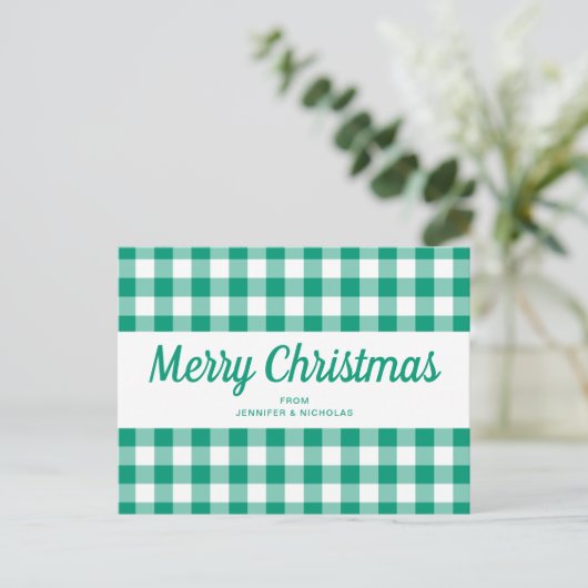 Green Gingham controleert Merry Christmas Script Briefkaart (Staand voorkant)