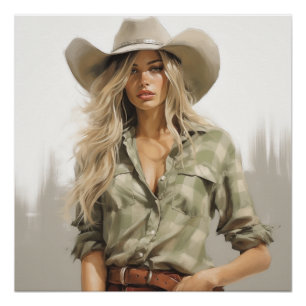 Green Gingham: Cowgirl kunst aan de muur Perfect Poster