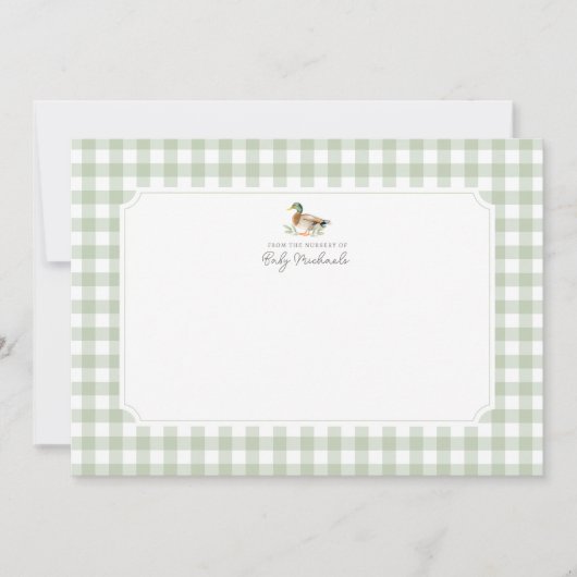 Green Gingham Duck Baby shower Dank u kaart (Voorkant)