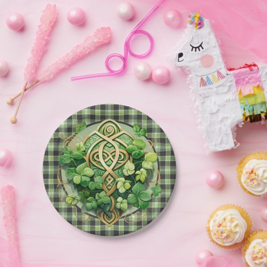Green Gingham en Celtic Triskele Papieren Bordje (Feest)