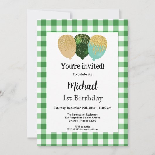 Green Gingham, feestballonnen 1e verjaardag Kaart (Voorkant)