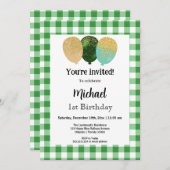 Green Gingham, feestballonnen 1e verjaardag Kaart (Voorkant / Achterkant)