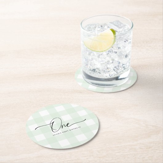 Green Gingham First Birthday Drink Onderzetter (Insitu)