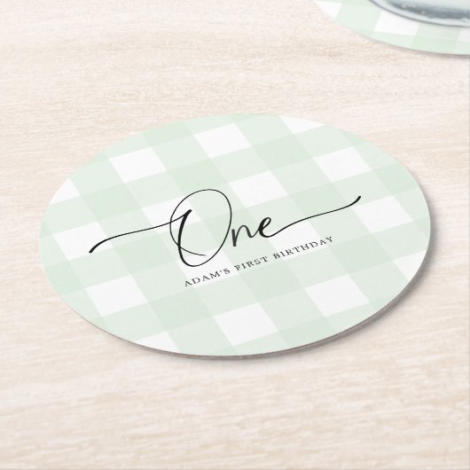 Green Gingham First Birthday Drink Onderzetter (Gebogen)