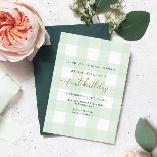Green Gingham First Birthday Gold Foil Invitation Folie Uitnodiging