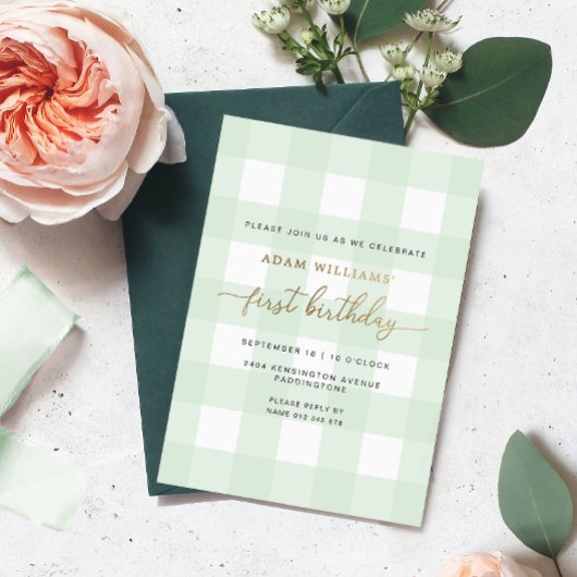 Green Gingham First Birthday Gold Foil Invitation Folie Uitnodiging