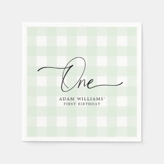 Green Gingham First Birthday Paper Napkin Servet (Voorkant)