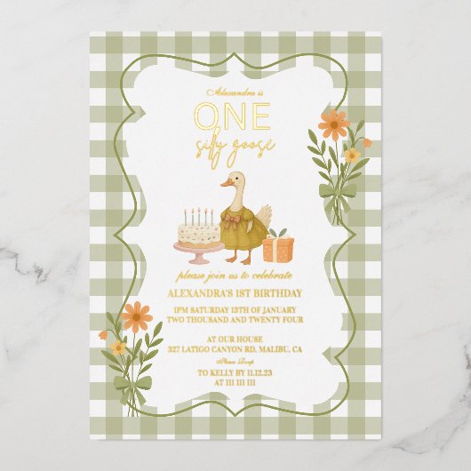 Green Gingham Gekke Goose 1st Birthday Folie Uitnodiging (Voorkant)