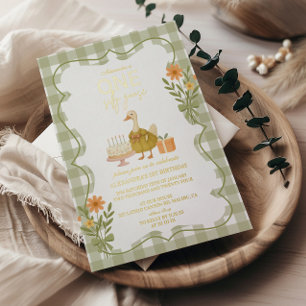 Green Gingham Gekke Goose 1st Birthday Folie Uitnodiging