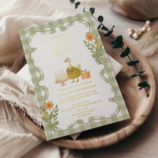 Green Gingham Gekke Goose 1st Birthday Folie Uitnodiging