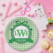 Green Gingham Griekse sleutelboog volledig monogra Papieren Bordje (Feest)