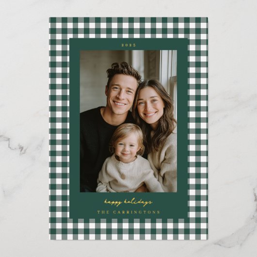 Green Gingham Holiday Photo Card Folie Feestdagenkaart (Voorkant)