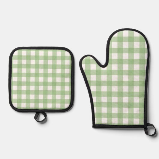 Green Gingham Kitchen Gloves Ovenwant & Pannenlap Set (Voorkant)