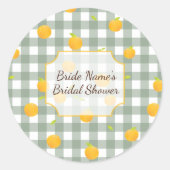 Green Gingham Lemon Picnic Plaid Douche Uitnodigin Ronde Sticker (Voorkant)