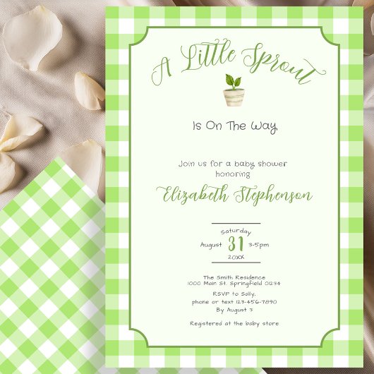 Green Gingham Little Sprout Baby Shower Kaart
