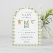 Green Gingham Locally Grown QR Code Baby Shower Kaart (Staand voorkant)