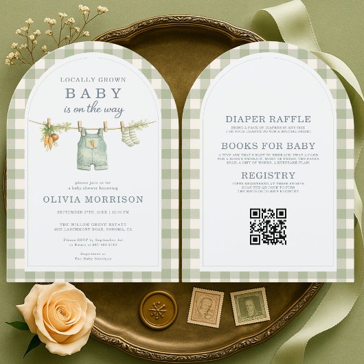 Green Gingham Locally Grown QR Code Baby Shower Kaart