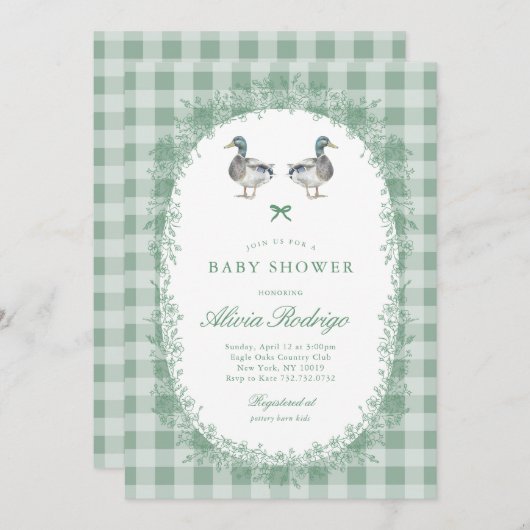 Green Gingham Mallard Duck Baby shower Invitation Kaart (Voorkant / Achterkant)