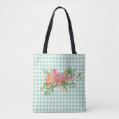 Green Gingham met Peony Flowers Canvas tas (Voorkant)