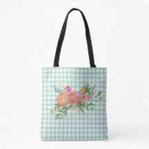 Green Gingham met Peony Flowers Canvas tas