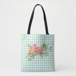 Green Gingham met Peony Flowers Canvas tas