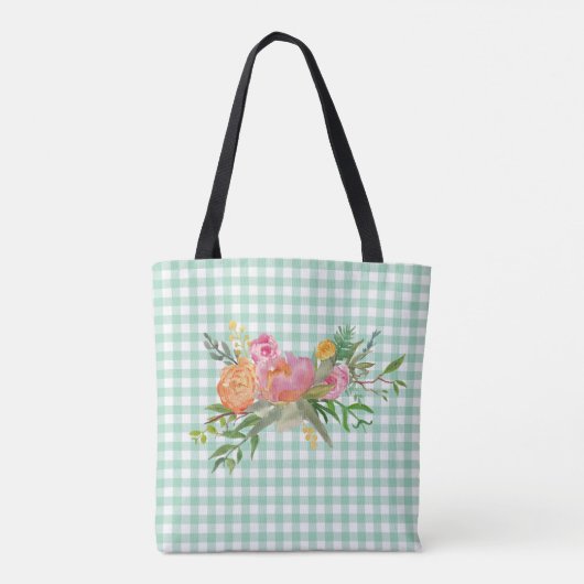 Green Gingham met Peony Flowers Canvas tas (Achterkant)