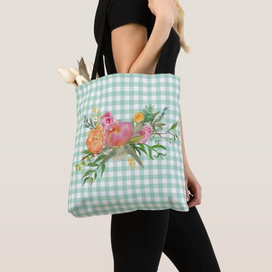 Green Gingham met Peony Flowers Canvas tas (Dichtbij)